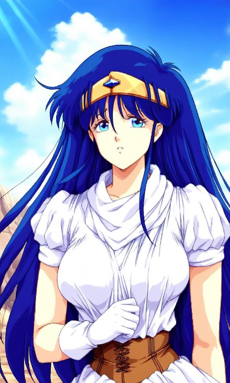 general,highres, ultra-detailed,very aesthetic,best quality ,best hands, BREAK <lora:Irene_La_Tias_XEXEX_IS:1>
Irene_La_Tias(XEXEX), 1girl, solo, very long hair, blue hair, blue eyes, tiara, large breasts, circlet, bangs,
white dress, white gloves, brown corset,
blue sky, game cg style,