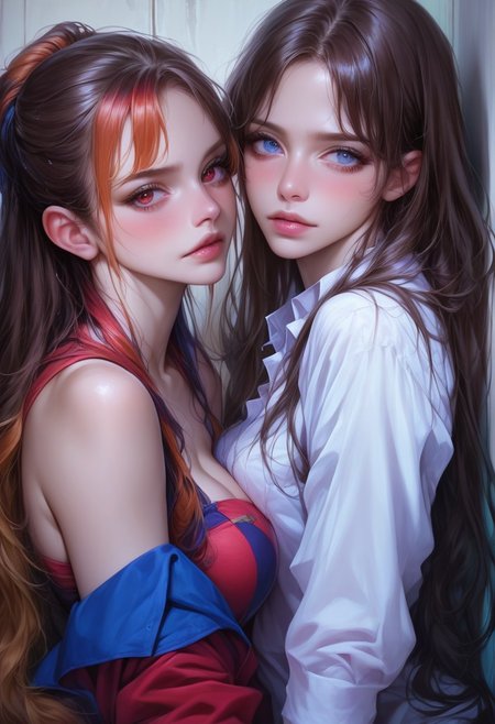 Score_9, score_8_up, score_7_up, score_6_up, score_5_up, score_4_up, 2girls, lesbian, semi-realism, pseudo-realistic, seductive, hetero, beautiful, attractive, breasts, hyperrealistic 
Break 
Girl with long hair, (two dyed hair silver and brown), blue eyes, wavy hair, pale skin, 
Break 
Another girl blushing with long hair, dark brown hair, red eyes, slick hair
Break 
pressing her against wall, standing, leaning on her, looking at each other,