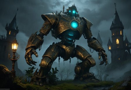 giant bipedal robot brass and dark teal striped paint, bronze paisley robot. lacy robot metal. glass helmet torso head. outside of a steampunk keep. large detailed torso. dark image. one forty foot tall ancient robot with great arms and two heavy spring legs. dark foggy night background. $dark foggy night image only. dark photo realistic image. steampunk details. cogs, chains and pipes incorporated in the fantasy buildings. magic wizards tower in background. Dark swamp, moss, castle ruins, wizards tower. stormy dark night.  stormy sky.  rain