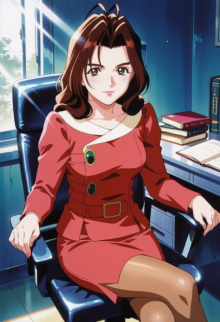 masterpiece,best quality,amazing quality,very aesthetic,absurdres, <lora:aoigpx_IL1-100008:0.9>aoigpx, 1girl, retro artstyle, anime coloring, solo, long hair, antenna hair, brown hair, black hair, brown eyes, wavy hair, lips, lipstick,aoi red dress, belt, pencil skirt, red skirt, long sleeves, brown pantyhose, crossed legs,sitting, office chair, window, sunbeam, desk, book, looking at viewer, light smile, indoors,
