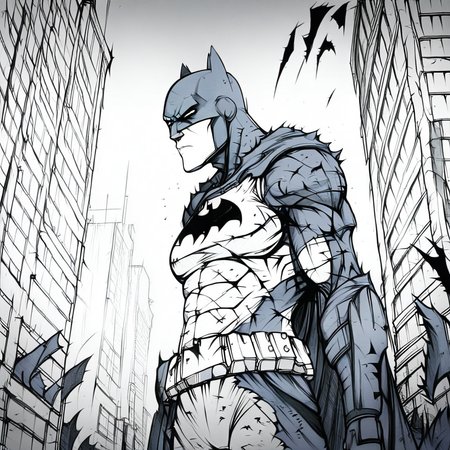 Evang, Batman standing in a destroyed city street with torn clothing, scars, scratches, battle damaged suits, tactical armor, muscular, menacing look, Batmobile to the left in the background
