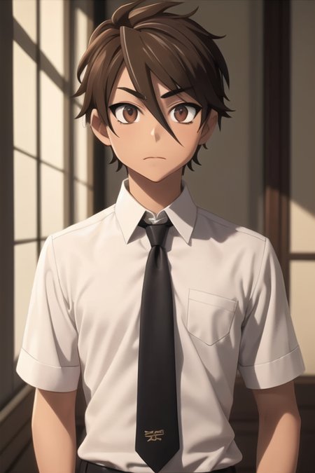 masterpiece, best quality, high quality, 1boy, solo, male focus, looking at viewer, upper body, <lora:takashi_komuro:0.72>, takashi_komuro, brown eyes, brown hair, hair between eyes, , formal, necktie, dress shirt