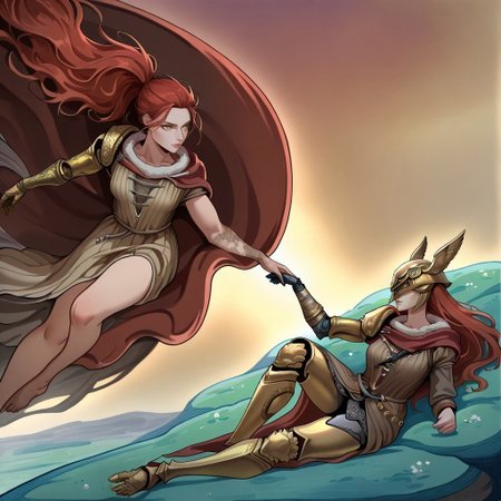 masterpiece, best quality, newest, absurdres, highres, anime, anime style, CreationOfAdam-IL, 2girls, 1girl, malenia blade of miquella, floating hair, red hair, long hair, prosthetic leg, armor, gold armor, winged helmet, armor, red cape, prosthetic arm, single mechanical arm, 1girl, millicent \(elden ring\), yellow eyes, red hair, long hair, ponytail, scar, prosthetic arm, single mechanical arm