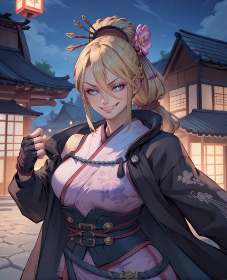 score_9,score_8_up,score_7_up,score_6_up,score_5_up,score_4_up,
setsukaxl,blonde hair,black hair,blue eyes,ponytail,hair ornament,black thighhighs,
black off-shoulder coat,pink kimono,fingerless gloves,smug,
standing,upper body,
japanese village,night,
<lora:setsuka:0.8>,