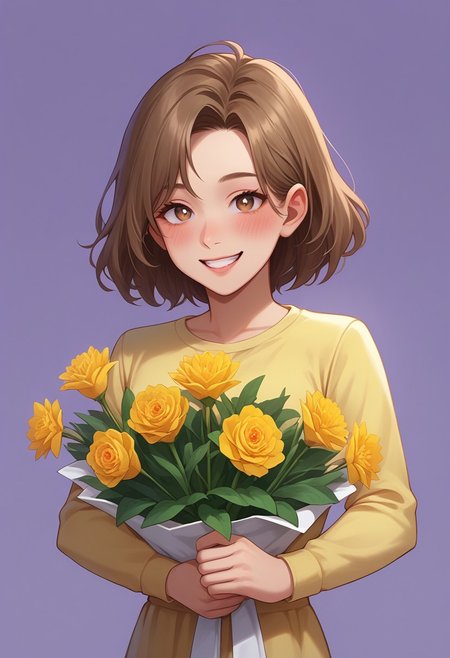 score_9, score_8_up, score_7_up, score_6_up, CasGAC, masterpiece, best quality, detailed eyes, detailed face, perfect eyes, high detailed, absurdres, highres, BREAK 1girl, young, solo, pretty, small breasts, brown medium hair, Chinese hairstyle, big yellow flowers in her hair, smile, teeth, blush, bright eyes, yellow shirt, flowers in a bouquet, BREAK hands down, standing, closeup shot, looking at viewer, BREAK simple background, purple gradient background