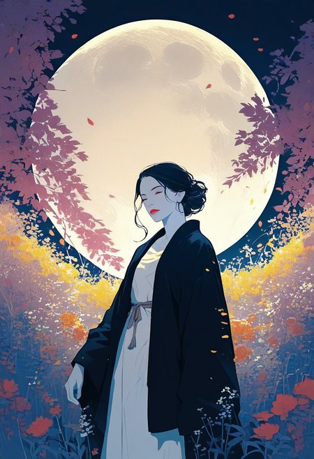 zPDXL3, 1woman, robe, moon, flowers, white skin, highly detailed,   high resolution, best quality, sharp quality,  clear quality, High-definition, smooth image, bright colors, vibrant colors, clean lines,