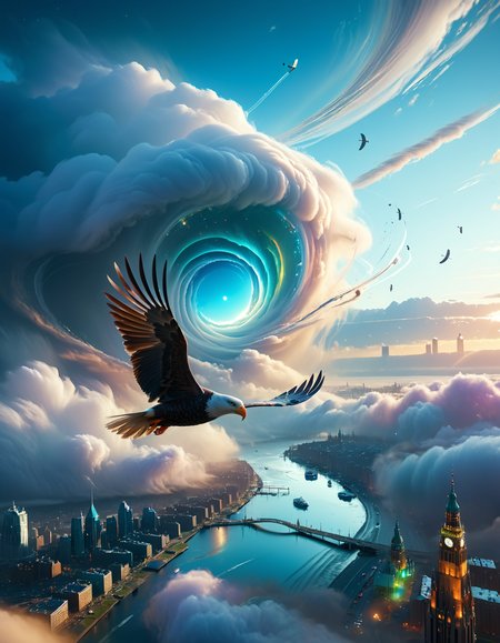 high fantasy, mythical, mysterious, sense of depth, blurred background, iridescent, vivid, highly detailed, diffuse, diffusion, glowing, light reflection, transparent, multidimensional, chromatic, sfx, chroma, gradient, This stunning image is rendered in insanely high resolution, realistic, 8k, HD, HDR, XDR, focus + sharpen + wide-angle 8K resolution + HDR10 Ken Burns effect + Adobe Lightroom + rule-of-thirds + high-detailed bark. Canon EOS 5D Mark III, 1/160s, f/8, ISO 100, vivid, vibrant, high saturation, bright colors, wide angle, focal point, fisheye lens, distorted perspective inside cloud, (windy:1.15), sky, desolate cityscape, flying, high angle, (hurricane, tornado:1.15), cyclone, visible wind, motion line, soaring, (wind god), double exposure, debris flying through the sky, (Jörmungandr), view from above, overlooking cityscape, vortex, smog, fog