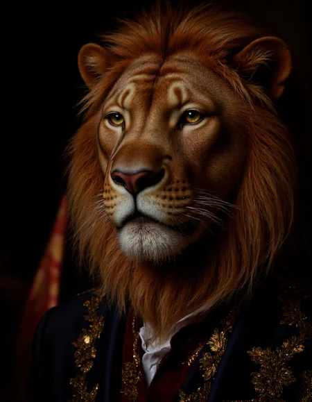 <lora:humanimality2:1>, Rembrandt style Portrait of antropomorphic mature animal man with lion face dressed businnessuit in the dark, elegant, highly detailed, cute, dramatic light, divine background, intricate, sharp focus, beautiful, attractive, bright glowing, very expressive, colorful, deep rich colors, ambient, epic composition, excellent dynamic, cinematic atmosphere, great professional, fine detail, extremely aesthetic, inspirational . Baroque, chiaroscuro, realistic, emotional, "flat lighting