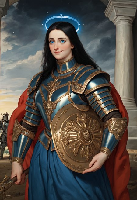score_9, score_8_up, score_7_up, score_6_up, BREAK
a gorgeous woman: long black hair, intricate armor, blue eyes, wearing blue armor, brave, with blue halo, large blue crown, defender, protector, holding a shield, humble expression, shy smile, cinematic lighting, battlefield, curvy, <lora:PulenKompot-Peter Paul Rubens Style-PonyXL:1> rubens