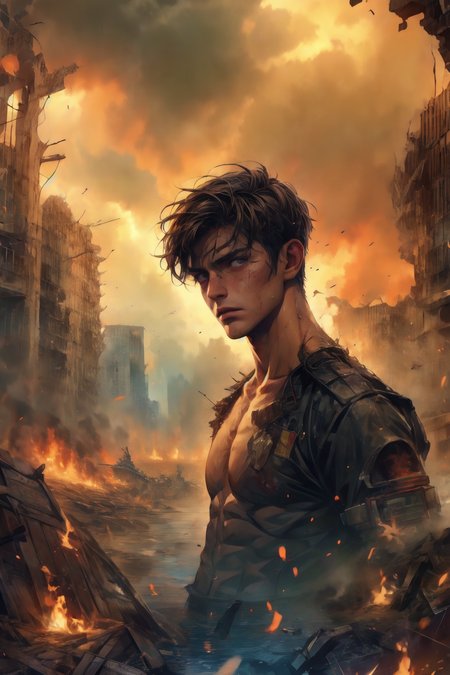 Wasteland Style, war, ruins, flames of war, tragic, miserable, portrait, 1boy, 20 years old, handsome, (Clear and sincere eyes:1.2), shirtless,
 <lora:add_detail:1>,  <lora:Wasteland:1>,<lora:çµå½±ï¼æµ·æ¥_1:1>