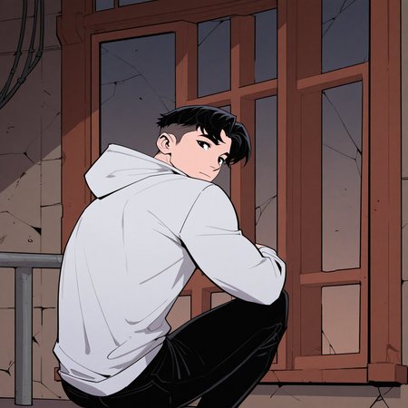 <lora:TIM_DRAKE:1>tim_drake, solo, looking at viewer, short hair, black hair, long sleeves, 1boy, closed mouth, sitting, male focus, pants, indoors, hood, black eyes, window, hoodie, black pants, hood down, railing, white hoodie, crack, grey hoodie, industrial pipe, open window, cracked wall, looking back, from behind, feet out of frame, thick eyebrows, undercut, balcony, twenty-something, muscular, western comics (style), motion blur, film grain, abstract, natural lighting, fantasy, cinematic, dynamic, very awa, masterpiece, best quality, absurdres, newest, perfect quality, detailed background, intricate details, (artist:fl \(l-fl\):0.7), (artist:tooboshoo:0.7), (artist:dizdoodz:0.8)