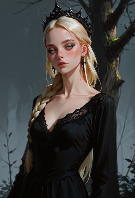 cowboy shot, dutch angle, depth of field, soft luminescent glow, 
 masterpiece, best quality, amazing quality, very aesthetic,  realistic, detailed texture, highly detailed,
chiaroscuro, vignetting, upper_body,
woman, regal, long_hair, pale_skin, blush, looking_at_viewer, blue_eyes, blonde_hair, complex braid, medium_breasts, jewelry, closed_mouth, collarbone,  earrings, white_hair, narrowed_eyes, grey_eyes, eyelashes, makeup, expressionless, black steel crown, forehead, black dress, layered, lace, fantastic, royalty, severe,
 tree, 
fantasy setting, simple_background,  grey_background, original, 
 STP-Illu