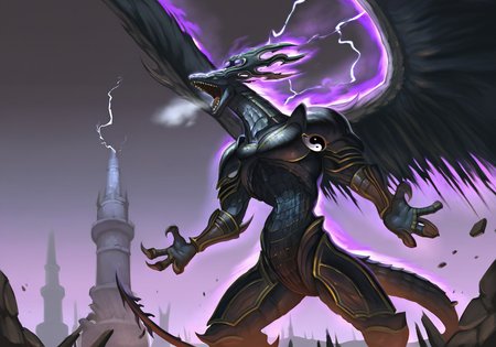 highres, best quality, masterpiece, very aesthetic, newest,epic,dark souls_(series),black lightning,tower,rubble,solo,dorugoramon,wings,horns,tail,purple aura,open mouth,teeth,cowboy shot,yellow eyes,breathing lightning, claws,yin yang, grimdark,dark fantasy,soulslike, <lora:DorugoramonIllustrious:1>