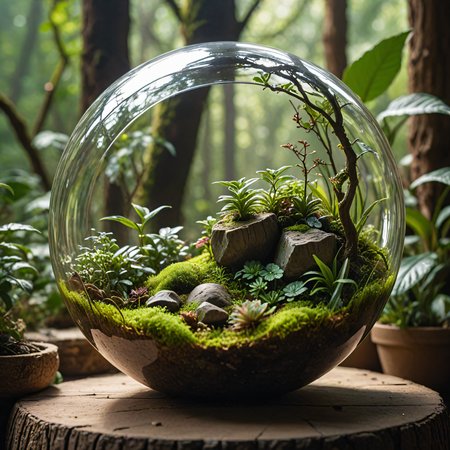 A  glass sphere terrarium, inside the sphere is an earthy dense forest, dirt, boulders, and green foliage. 8k high quality detailed, soft sunlight, serene, studio color grading, shaped sphere, fantasy studio lighting, indoor background, photorealistic very attractive, ultra detailed 3D, (Very Intricate), depth of field, bokeh