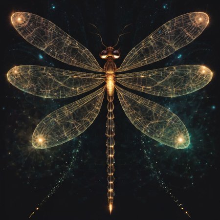 abstract representation of a dragonfly, wings formed by swirling lines of binary code, glowing particles emanating from its body, forming the shape of a DNA double helix, symbolizing the interconnectedness of all things, dark background with subtle nebula textures, by Xponentialdesign