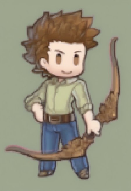 masterpiece, best quality, solo, 1boy, smile, looking at viewer, <lora:Guide-illus_Fp:1>, guidetre, brown hair, brown eyes, short hair, spiked hair, green shirt, collared shirt, belt, blue pants,  <lora:Feh-Sprites-illus_Fp:1>, simple background, full body, chibi, bow \(weapon\),