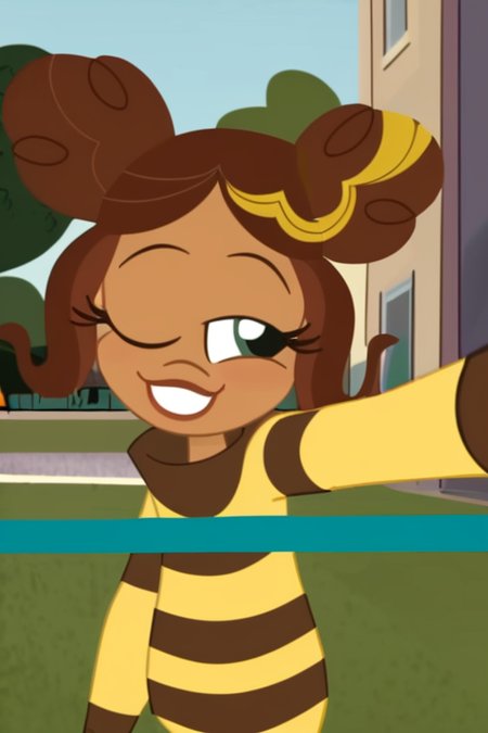 smile, selfie, v, one eye closed, head tilt, closed mouth,
leaning to the side, arched back, looking back, park, solo focus, 
 <lora:Bumblebee_-_DC_Super_Hero_Girls:0.8>, bumblebee,