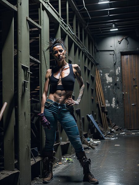 A middle aged punk woman posing
dimly lit room that appears to be in a state of disrepair,similar to a slumlord's basement. Use low lighting and shadows to convey a sense of foreboding,and make the walls and floors appear grimy and unclean. The lighting should be dim and flickering,with bulbs that are barely functional or on the verge of burning out completely. Use colors that convey a sense of decay and neglect,such as shades of brown,gray,and black. With these techniques,you can create an image that evokes a feeling of unease and discomfort,as if the viewer is peeking into a forgotten and neglected space.

(The style is made by ChatGPT)