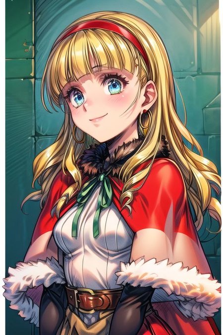 (best quality) , (highly detailed) ,masterpiece ,absurdres ,detailed face ,beautiful face ,(detailed eyes, deep eyes, anime eyes) ,1girl , solo, upper body, slight smile, small breasts
 CatherineDigimon, 1girl, solo, long hair, blonde hair, long sleeves, red dress, red hairband, blunt bangs, fur trim, redcapelet, drill hair, blue eyes, green ribbon, fur-trimmed capelet, headband, jewelry, belt, cape, hoop earrings, blue skirt, brown shoes, Cape, Smile, Happy,