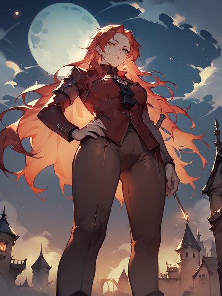 score_9, score_8_up, score_7_up, Gebura, 1woman, night, moon, red long hair, scars on face, heterochromia, red blazer, black necktie, brown pants, castle in night background, from below view, Concept Art <lora:Gebura:1> <lora:Concept Art Twilight Style SDXL_LoRA_Pony Diffusion V6 XL:1>