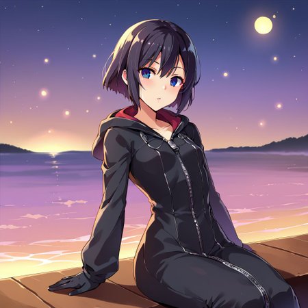 score_9, score_8_up, 1girl, xion, solo, outdoors, on a lake, flat chest, small breasts, sitting, floating lanterns in the sky, xion watching the floating lanterns, night, short hair, black hair, black coat, wide hips, narrow waist, closed coat, zipper, black pants, black gloves <lora:XionSDXL:1> <lora:BlushySDXL:1>, takeda hiromitsu style