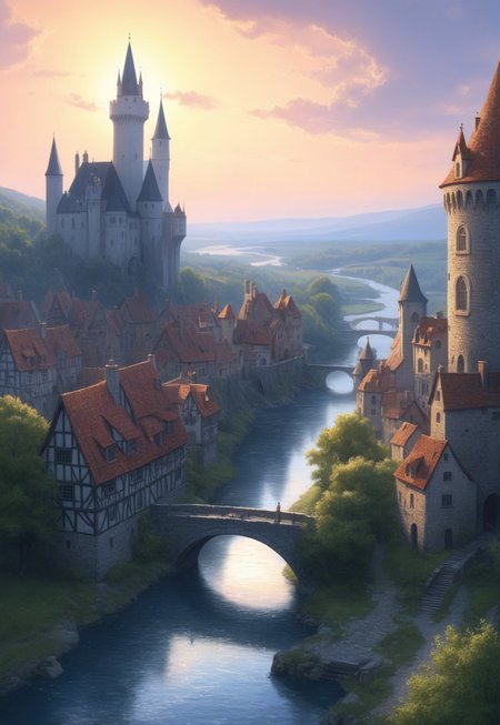 A masterful digital painting by Greg Rutkowski portraying the streets of a sprawling medieval city in a fantasy realm, with river, bridges, a white tower, walls, sparkling, majestic, beautiful, stunning, dreamlike, ethereal, magic, art, extremely detailed, masterpiece. The scene is set at sunset, with sharp focus and clarity. The landscape is featuring ultra-highly detailed and intricately posed characters. The intricate details and sharp focus of the painting give it a watercolor-like appearance, making it highly sought after and trending on ArtStation. The highly detailed and intricate elements of the scene are showcased in a studio photo, capturing the essence of a dreamlike, magical fantasy world.
 (8k uhd:1,4)
(((full-clothed))),
 <lora:add-detail-xl:1>
 <lora:Dynamic Poses:1>