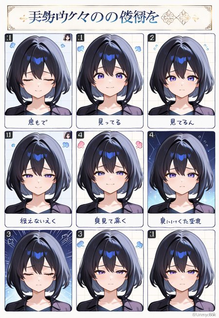 anime, solo, 1 woman,
Black hair, feature large highlight, feature double highlights, Multiple Object Background, multiples photos, multi views, smile, angry, sad, Fragment, memory, (masterpiece:1.3), best quality, high resolution, unity 8k wallpaper, (illustration:1.2), 8K,