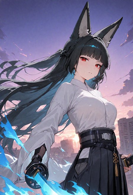1girl, masterpiece, highres, hoshimi miyabi, holding katana, red eyes, behind ruined city, evening, sunset, clouds, purple sky, blue flame of the katana, slim, <lora:add-detail-xl:1>
