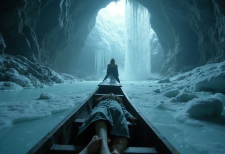 First-person view from a shivering pilgrim’s position in a ceremonial iceboat, bare feet slipping on frost-slick wood.  Next to the bare feet is a corpse of a fine beautiful young woman lie down facing viewer, Next to the corpse in the back is a girl in fur coat view from her back where hafl of her face turn lef showing her facial profile view, The camera spins as you pass a frozen waterfall in the middleground creating a frame with hanging icicles in the foreground, while the reflection of a sacred cave’s entrance shimmers in a frost-encrusted amulet. A sudden roar reveals the waterfall collapsing, mirrored in the amulet’s facets. Twist: The icefall crushes the boat’s stern, forcing you to crawl across tilting debris, while the shattering ice blooms like spiderwebs.