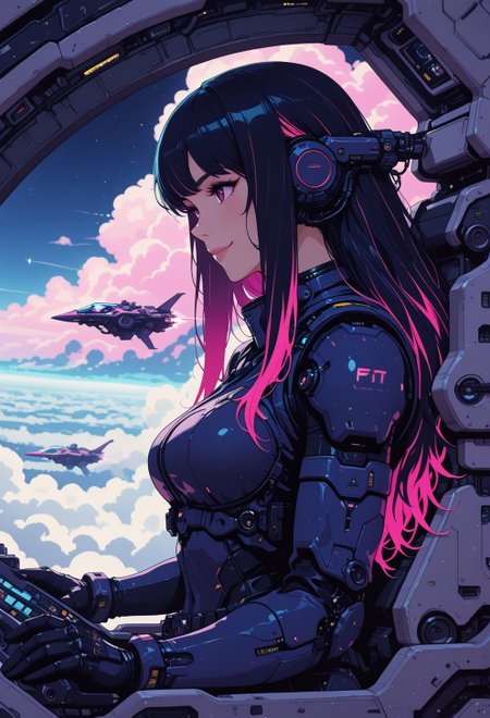 <lora:ck-nc-cyberpunk-IL-000011:0.3>,  masterpiece, best quality, good quality, very aesthetic, absurdres, newest, 8K, depth of field, focused subject, epic, from side, science-fiction, 1girl, sci-fi,  fyling, inside cockpit, spaceship, above clouds, smile, neon hair, long hair, dynamic angle, in the style of cknc, in the style of ck-rw
<lora:MoriiMee_Gothic_Niji_Style_Illustrious_r1:0.5>
 <lora:ck-neon-retrowave-IL:0.8>
 <lora:ck-shadow-circuit-IL:0.6>