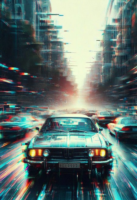 masterpiece, best quality ,amazing quality, very aesthetic, high resolution, ultra-detailed, absurdres, newest, scenery, depth of field, scenery, volumetric lighting, beautiful, 
alien, full body, 
glitch, flickering, digital, glitch style, car
