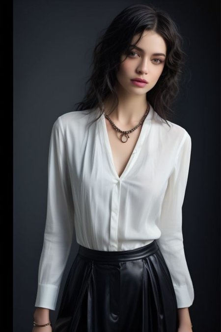 masterpiece,best quality,ultra_detailed,<lora:ArmaniSD:0.7><lora:BellissimaSD1.0:0.7> bellissima , dark background, 1girl wearing a white collared shirt, collared shirt, black pants, bla, chain necklace,  Armani style, realistic, fashion, cowboy shot,by Ellen von Unwerth