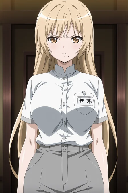anime screencap, anime coloring, detailed face, masterpiece, best quality, very aesthetic, absurdres, volumetric lighting, official style, amazing quality, ultra detailed,  highres, amazing quality, scenery, beautiful detailed hair, beautiful detailed eyes,
<lora:Rin_x_Sen_+_Ran-Sem:1>
Riko cult outfit, Riko Ichinose (character), 1girl, solo, long hair, breasts, brown eyes, uniform, large breasts, brown hair, name tag, blonde hair, pants, dark gray button up shirt, dark gray pants, looking at the viewer, angry face, angry girl, mole under mouth, cowboy shot