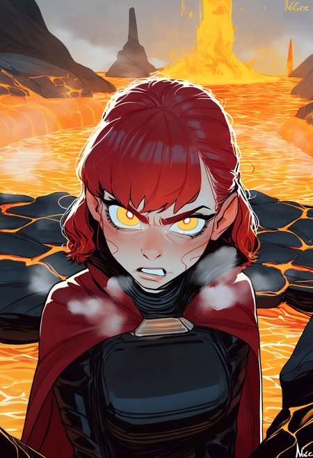 score_9_up, source_ anime, ratatatat74_style, incase_style,1girl, furious,yellow eyes, looking at viewer, red hair,  medium hair,  black vest, red cape, underground, lava, breathing fire,
