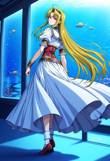masterpiece, best quality, newest, highres, uncensored, 1girl, yokota mamoru style,1girl,
Tifana Luxembur,Ahoge Hair, Blonde Hair, Curtained Hair, Parted in Middle, Sidehair, Straight Hair, Waist Length Hair,Red Eyes,Slim
Arm Cuffs, Decorative Belt, Dress, Gauntlet, 
1girl, solo, fish, long hair, aquarium, dress, looking back, very long hair, red eyes, shoes, socks