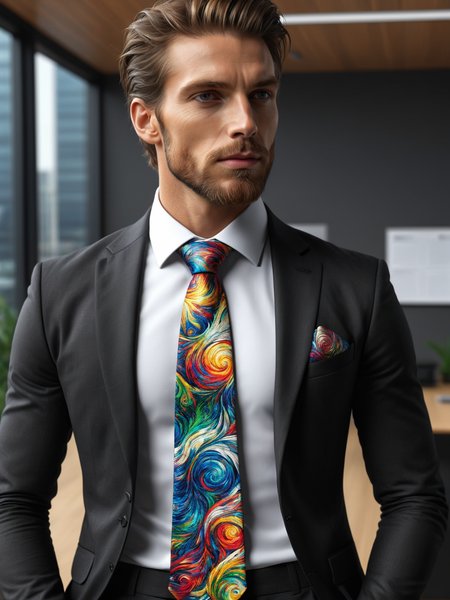 man wearing a colorful mad-vangoghian necktie and white shirt and black suit in (office:1.2)   <lora:Colorful_VanGoghian_SDXL:0.5>, (masterpiece:1.2), best quality, (hyperdetailed, highest detailed:1.2), high resolution textures