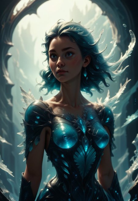 score_9, score_8_up, score_7_up, score_6_up, score_5_up, score_4_up, a woman made out of Jed-Blmicry , body shot, Style-Volumetric, bioluminiscence, lit from bottom