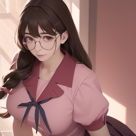 a woman,<lora:TsumasakyHanekawaTsubasa_v1:1>, closeup,

brown haired,ligtht pink school uniform,skirt,
glasses,

realistic, hyperrealistic,soft shadows,