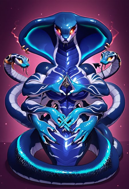 ((by etheross, deathhydra, kalivero, juliathedragoncat, popogori):1.0), ((monster girl, scalie, Snakegirl, snake, cobra, furry, alien, monster, hydra):1.9), ((multicolored skin, dark-blue skin, big scales, black and blue scale, glowing red accents):2.0), ((1girl, extra heads, multiple_head(3heads), ):2.0, extra arms, multiple_arms(4arms), two rows of arms, demon tail, feral legs), furry-specific_piercing, snake_hood_piercing