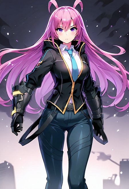 <lora:jinsepatus_IXL:0.7><lora:LupanV3IXL-10:0.6> 1girl,((lupan)),shock-pink hair,long hair,purple eyes ,white shirt,blue necktie, jinclassicoutfit,black jacket,blue pants,hood,
,gauntlets,
,best quality,masterpiece