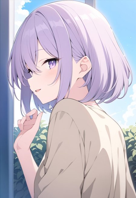 masterpiece, best quality, 32k, high resolution, absurdres, amasawa kyou, parted lips, ^_^, hand up, profile, bush, hair between eyes, window, dot nose, looking back, sky