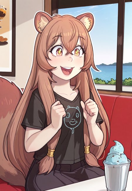 masterpiece, best quality, amazing quality, absurdres, highres, detailed art, smooth style, 4s0r4, Mossastyle, mrporty ,HD, 4K, possmach, outline, 1girl, solo, Llittle raphtalia, solo, flat chests, petite, very long hair, brown hair, hair between eyes, bangs, orange eyes, animal ears, raccoon ears, fluff, tail, raccoon tail, raccoon girl, school uniform, long skirt, black skirt, school shirt, black shirt, wide smile, upper body, open mouth, happiness, surprise, ice cream, ice cream cup, restaurant, sitting, stars in eyes, day, morning,