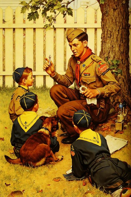 normanrockwell1 painting. 
Three Boy Scouts are in a suburban backyard. 
In the center is the Scout leader sits on the ground, dressed in a brown uniform with a red tie and a cap with a red and white emblem. He holds a small, shiny object in his left hand and gestures with his right.
In the foreground are two children and a small dog, their backs to the vier,
sitting on the ground and listening. 
 <lora:normanrockwell1_cap_d6a3e12:1.0><lora:841444343370871272:0>
