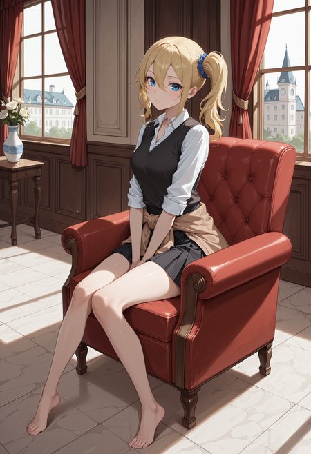 masterpiece, best quality, highres, absurdres, very awa, 1girl, solo, side ponytail, hair between eyes, long hair, blonde hair, hair scrunchie, blue scrunchie, , indoors, armchair, mansion, vase, sitting, from side, full body, blue eyes, HayasakaSummerUniform, black vest, open collar, collared shirt, white shirt, sleeves rolled up, cardigan around waist, brown cardigan, miniskirt, black skirt, window, curtains, looking at viewer, hand between legs, closed mouth