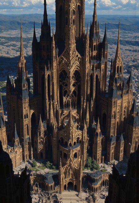 A vast and complex cathedral of a hundred turrets, balconies, elevated platforms, in the Middle Ages.