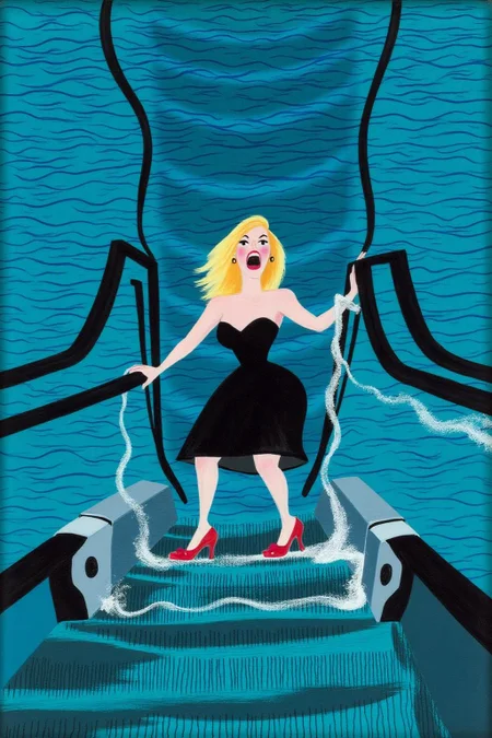 maryblair2 illlustration.
a woman in a chic little black dress and vibrant red high heels, gracefully descending an escalator. She wears black lipstick and is screaming. Her attire exudes elegance and sophistication, with the red heels providing a bold pop of color against the classic black dress. The escalator itself, typically found in a mall or airport, leads downwards into an unexpected and dreamlike destination -- pool of rippling water. The water is blue and ripples as the escalator's steps disappear beneath the surface.
 <lora:maryblair3_cap_d6a3e9:1.0><lora:855877677591081265:0>