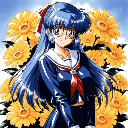 <lora:RC_maria_custardXLanimagine001>,
masterpiece,high score,great score,absurdres,
flower background,glitter,
smile,
looking at viewer,
solo,
anime coloring,retro artstyle,1990s (style),
maria_custard\(rance_series\),1girl,blue hair,half updo,hair ribbon,long hair,blue eyes,glasses,
cowboy shot,standing,
serafuku,