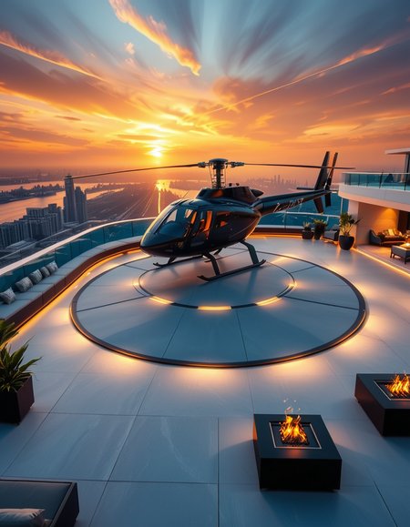A high-resolution photo of a luxurious rooftop of a five-star hotel at sunset, featuring a sleek helipad with a high-end, matte-black private helicopter elegantly parked. The rooftop is designed with ultra-modern architecture, featuring a spacious terrace with infinity-edge glass railings, ambient lighting, and a panoramic city skyline in the background. The surface of the helipad is clean, polished concrete with clear illuminated markings. Surrounding the helipad, there are lounge areas with modern outdoor furniture, minimalist fire pits, and decorative planters with tropical greenery. The lighting is warm and golden, casting soft shadows and highlighting the contours of the helicopter and the textures of the rooftop. The sky is dramatic, painted with hues of orange, pink, and violet, creating a cinematic atmosphere of luxury and exclusivity. The overall mood is elite, calm, and aspirational, showcasing the ultimate in urban luxury lifestyle.
<lora:SDXLFaeTastic2400:0.4> <lora:extremely_detailed:0.4> extremely detailed, <lora:helipad_r00ft0p:1>,helipad r00ft0p, Masterpiece,best quality,hi res,8k,hi res,8k,award winning,(sharp focus, intricate, highly detailed),