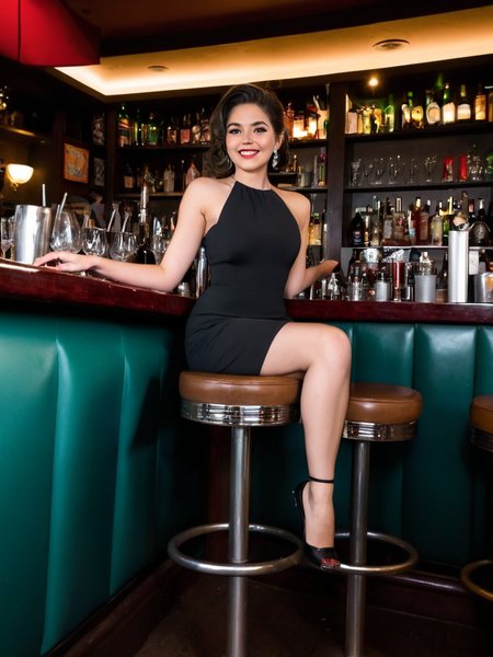 Cinematic fashion photograph  Amina_Massoud_P_MXAI_SDXL , happy expression, wearing an elegant cocktail dress, sitting on a barstool in a crowded cocktail bar, ((full body shot)), low angle shot, shot from the side,  PA7_Portrait-FL