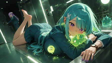 ambient occlusion, wristwatch, 1girl, absurdres, Airy Theme, shift_dress, Bird's eye view, glow, barefoot, best quality, Forest ombré hair, motion_blur:1.1, ultra-detailed, Emilia (Re:Zero), tan skin, depth of field, blazer, very aesthetic, Rapunzel-length, 8K, closed doors, group, masterpiece, large frame, Ethereal Lighting, nail_polish, HDR, loafers, overhead light., motion_lines:1.1, legs lifted with feet together, long hair, huge breasts, button panel lit, amazing quality, ear_piercing, anime character, dreamcore, Locust pose - Lying on stomach with arms alongside body, Unicorn, newest, slime_(creature), absolutely eye-catching, Elevator interior